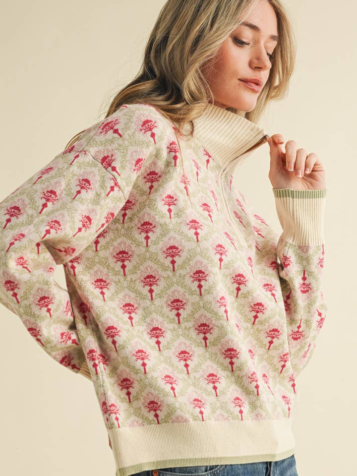 oat sage pull over floral sweater
