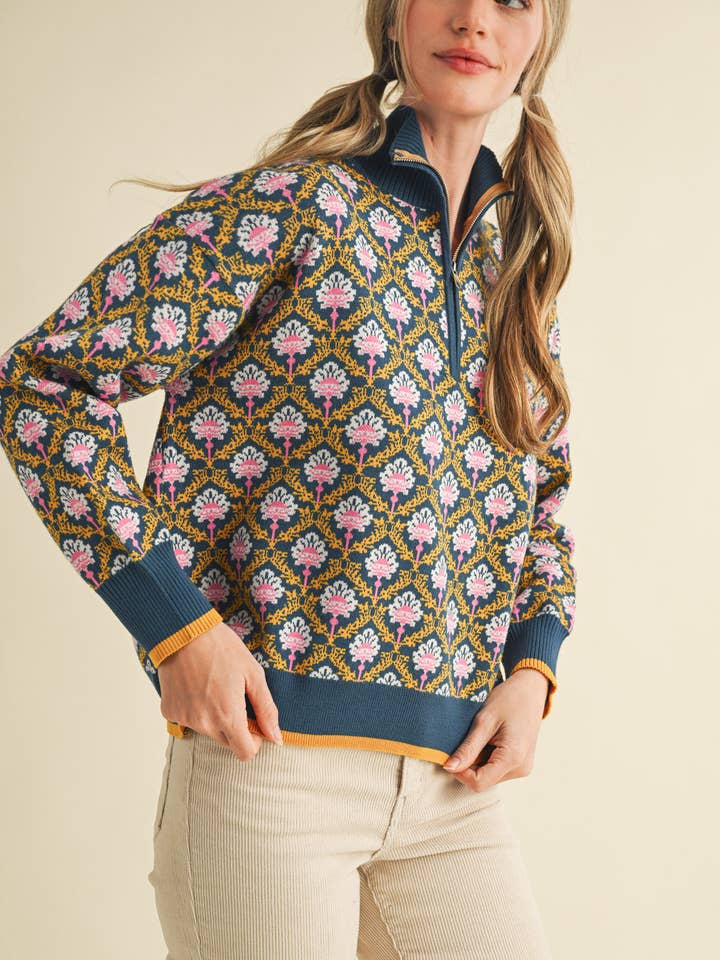 blue and pink peacock blue pull over sweater