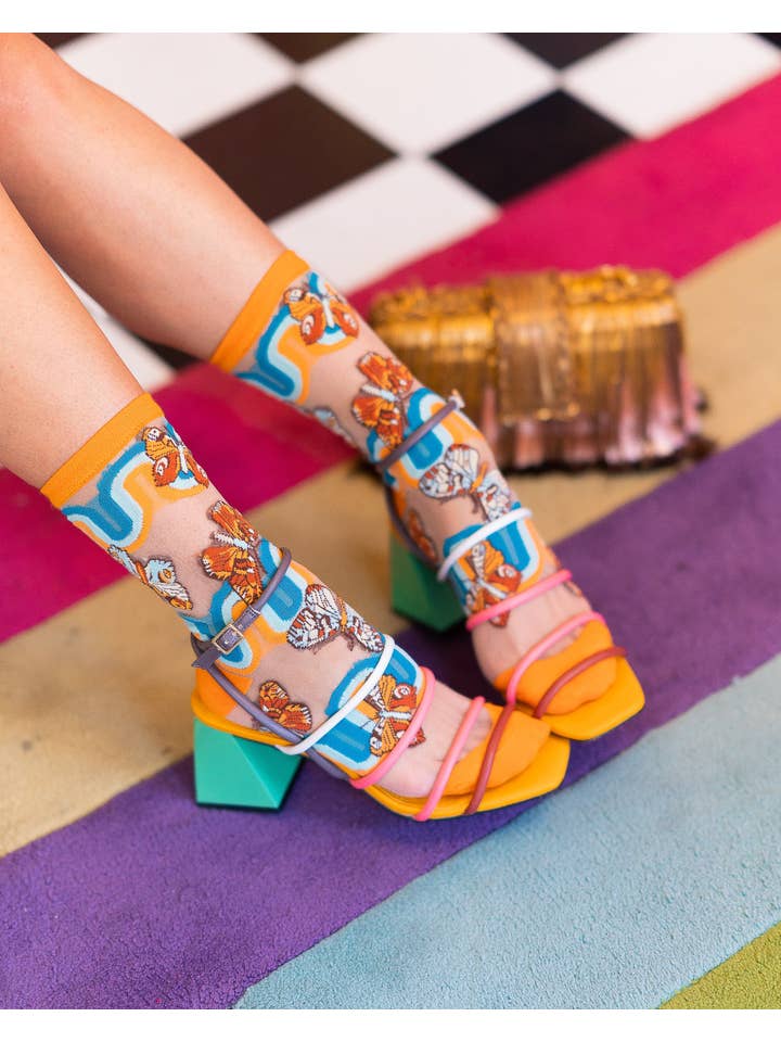 '70s Rainbow Butterfly Sheer Mid High Sock