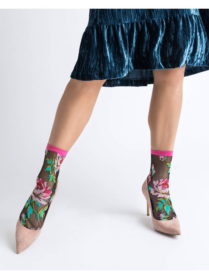 English Rose Black Sheer Crew Sock