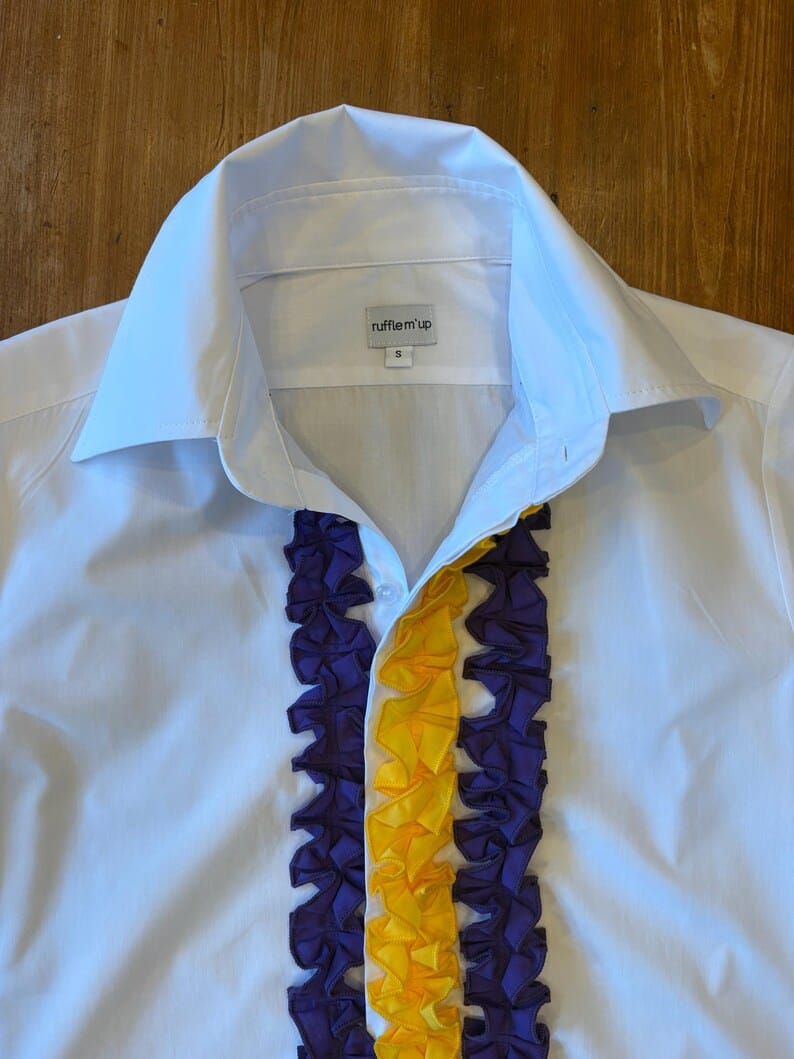 purple and gold ruffle the p top