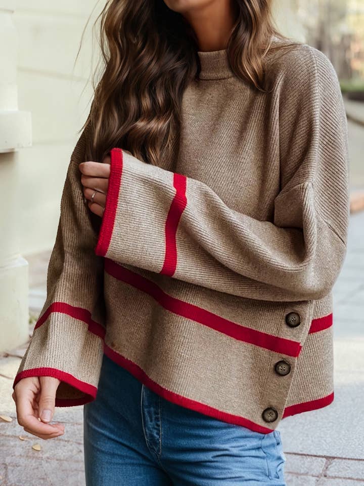 contrast red and taupe sweater
