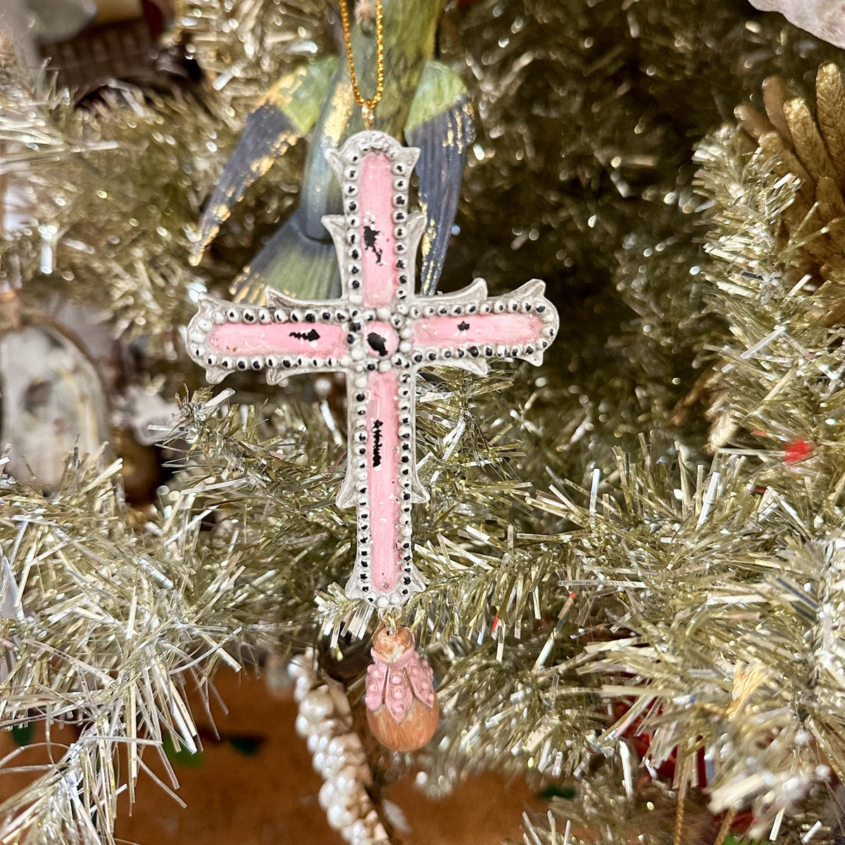 silver pink cross ornament