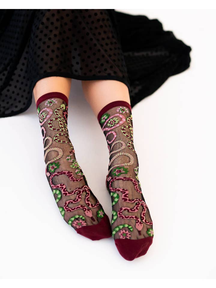 Serpentine Floral Black Sheer Crew Sock