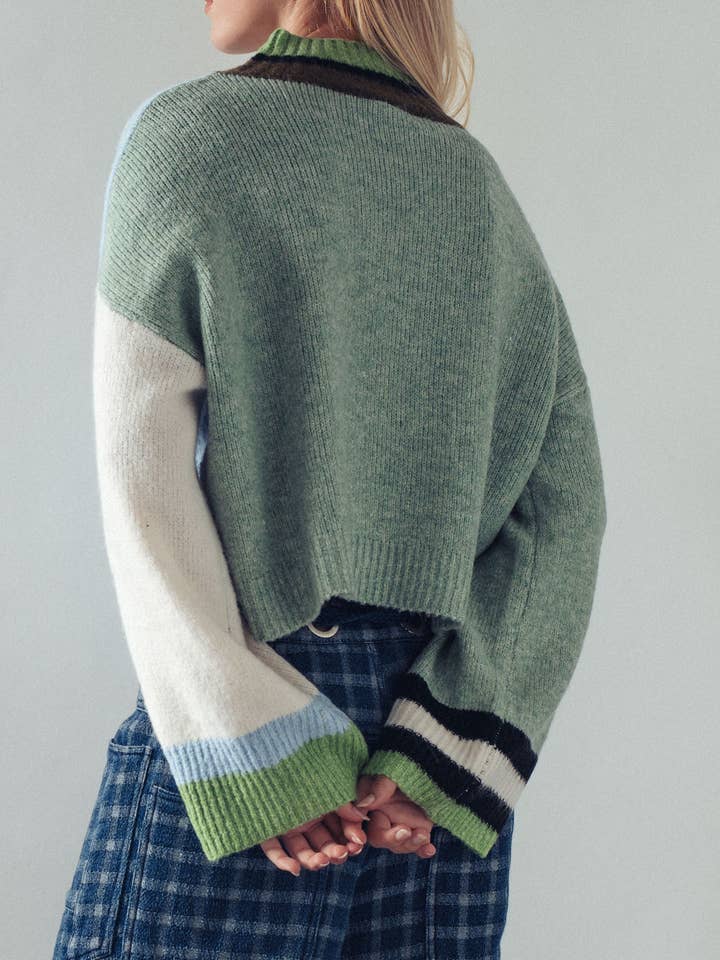 colorblock relaxed fit blue and green sweater