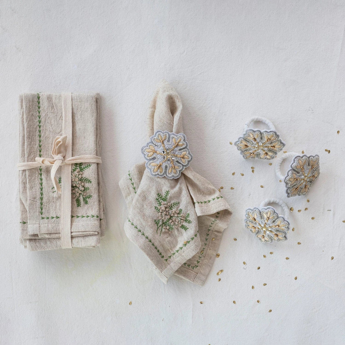 Creative Co-op Creative Co-op 18" Square Cotton & Linen Embroidered Napkins with Botanical Set of 4 - Little Miss Muffin Children & Home