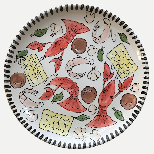 Magnolia Creative Co Crawfish Round Platter, hand-painted ceramic with black dashed edge
