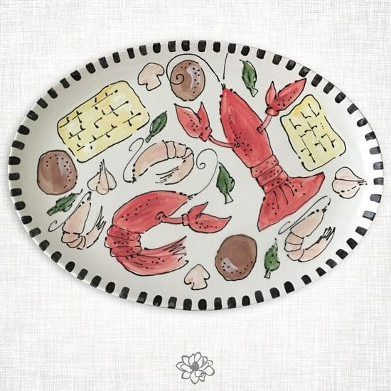 Magnolia Creative Co hand-painted ceramic crawfish oval platter with black dashed edge
