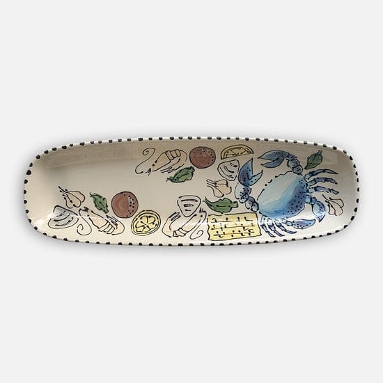 Magnolia Creative Co Summer Seafood Bread Tray, hand-painted blue crab, corn and potatoes