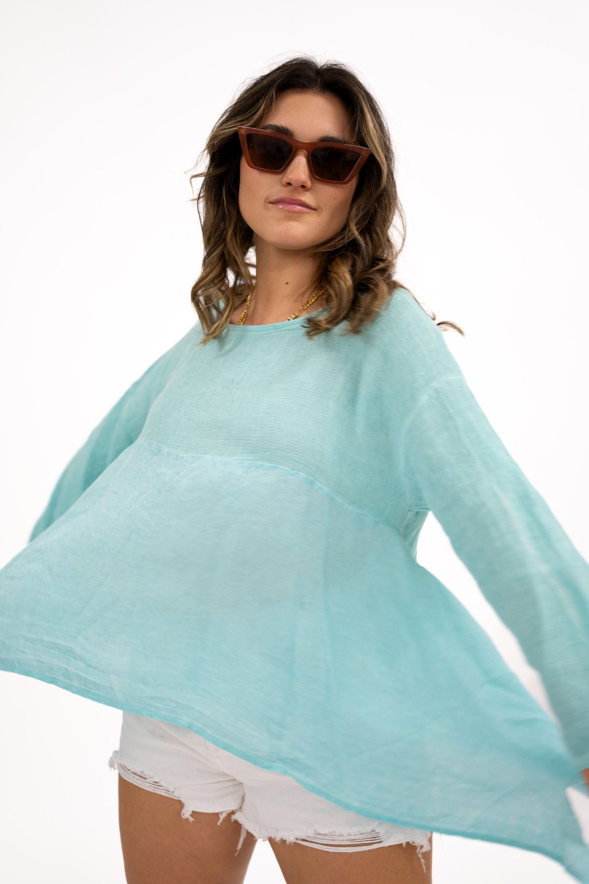 Oro Bonito Oro Bonito Long Sleeve Draped Linen Top - Little Miss Muffin Children & Home