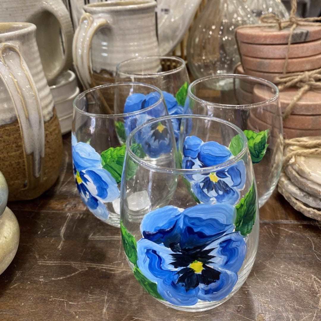 Michelle's Art Box Blue Pansy Glassware Hand Painted Stemless Wine Glass - Little Miss Muffin